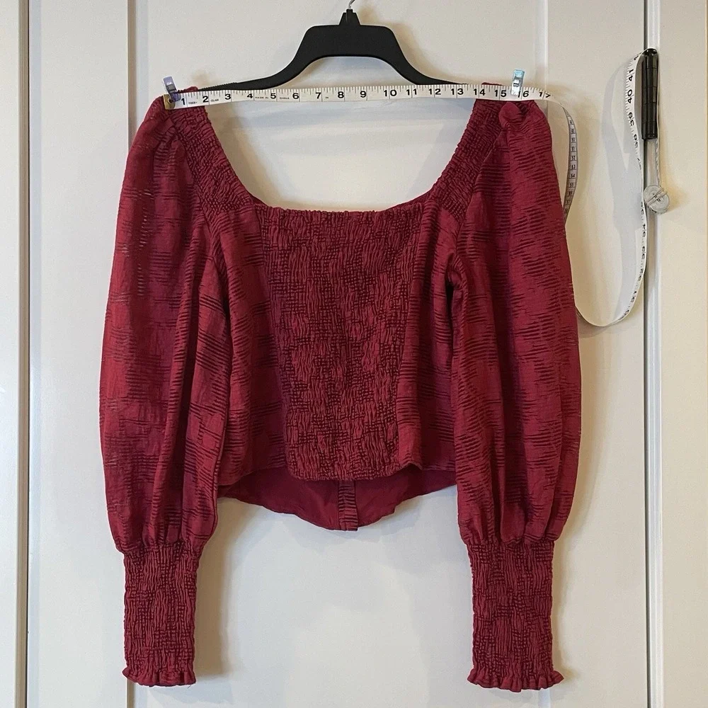 Anthropologie Womens M Shirt Top Sheer Puff Sleeve Smocked Corset Raspberry $120